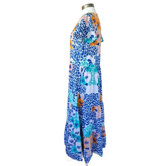 OLIPHANT V-neck Maxi Dress Size Medium Blue Antigua Multi Tiered Flutter Sleeve - Picture 5 of 11